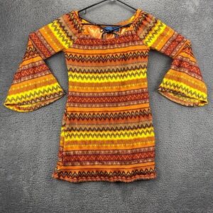 Urban Mango Mini Dress Bell Sleeve‎ Zig Zag Patterned Orange Yellow Brown M
